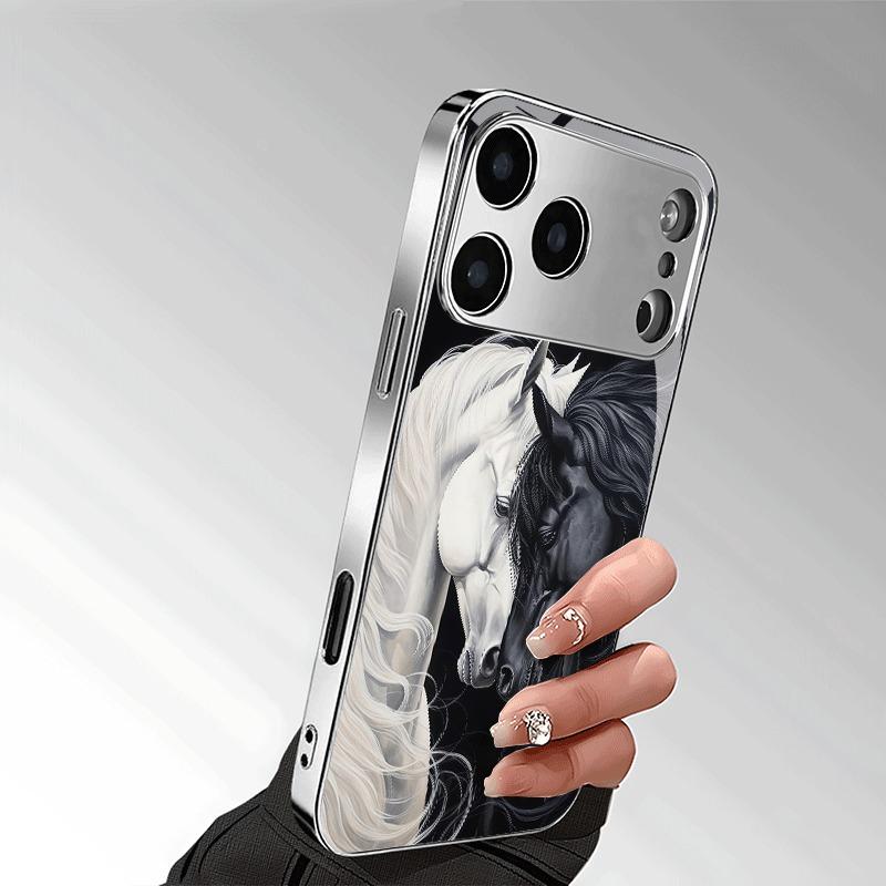 Black White Horse Pattern Tempered Glass Electroplated Phone Case For iPhone 17 16 15 14 13 12 11 Pro Max 16 Plus 17 Air Cover