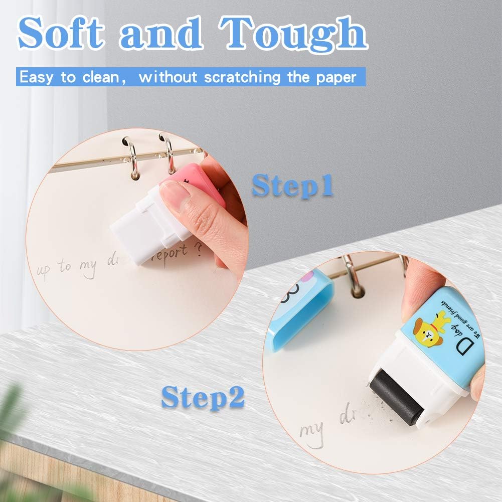 Sooez 12 Pack Pencil Erasers, Cute Erasers Pencil Eraser with Clean up Roller Pencil Eraser Shaving Roller Case Erasers for Party Favors Gift