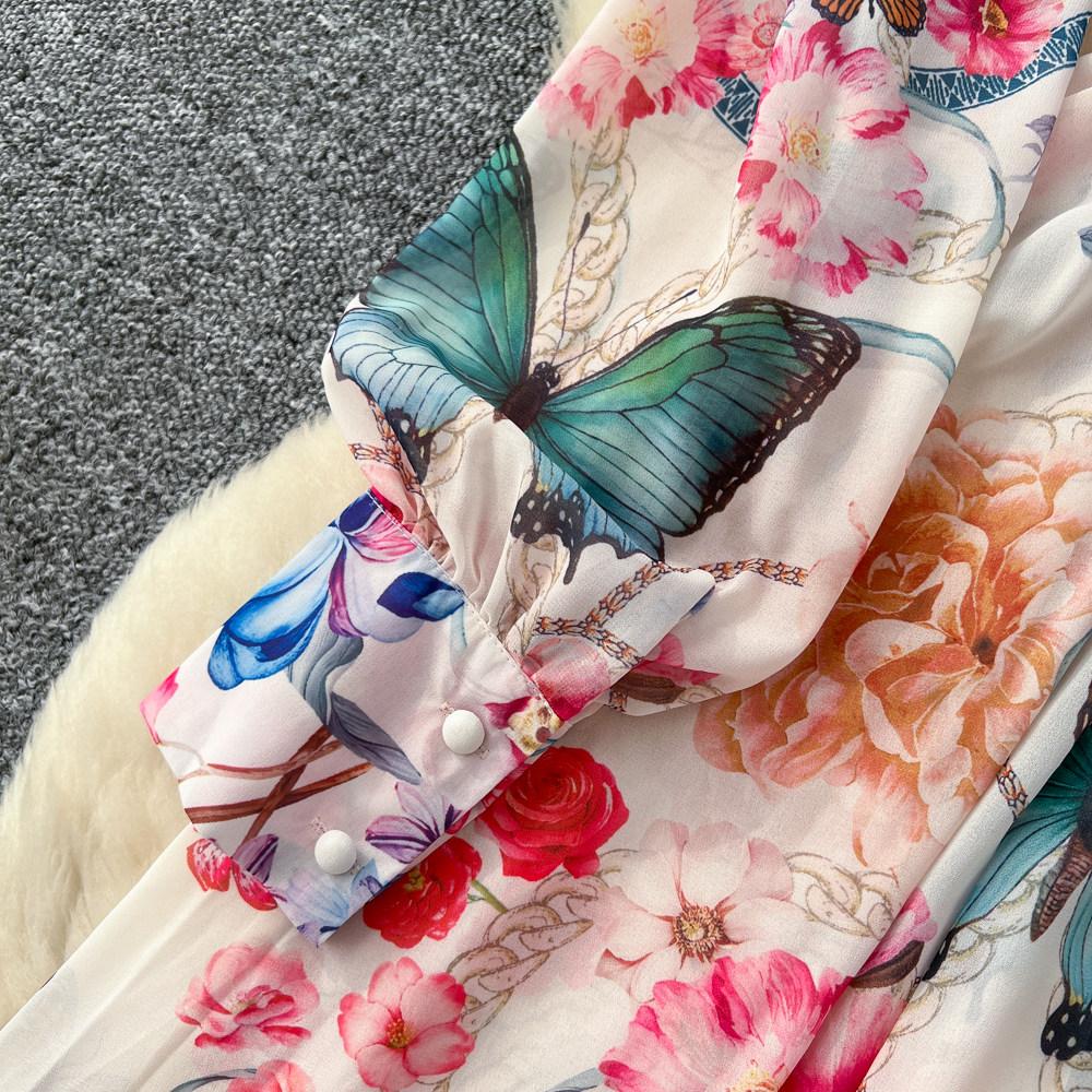 Palace Floral Maxi Dress Women Summer Holiday Chiffon Long Dresses Shirt 2026 Spring Long Sleeve Single Breasted Party Dress