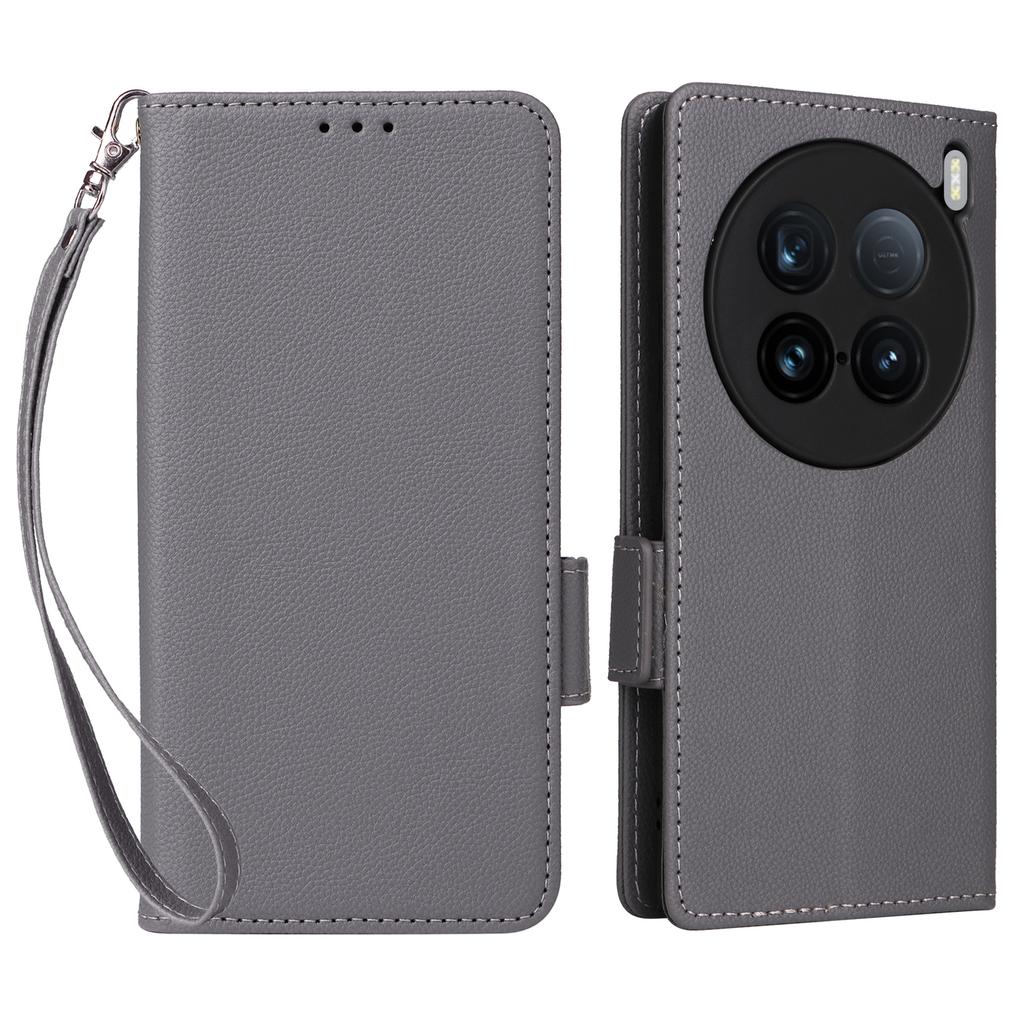 For vivo X100 Ultra 5G Case with Wrist Strap Litchi Texture PU Leather Wallet Phone Cover