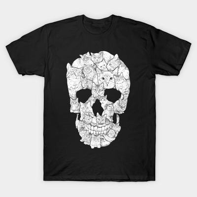 Męski czarny T-shirt z nadrukiem Czaszka kota Nadruk na papierze transferowym bez wycinania Bawełniany T-shirt