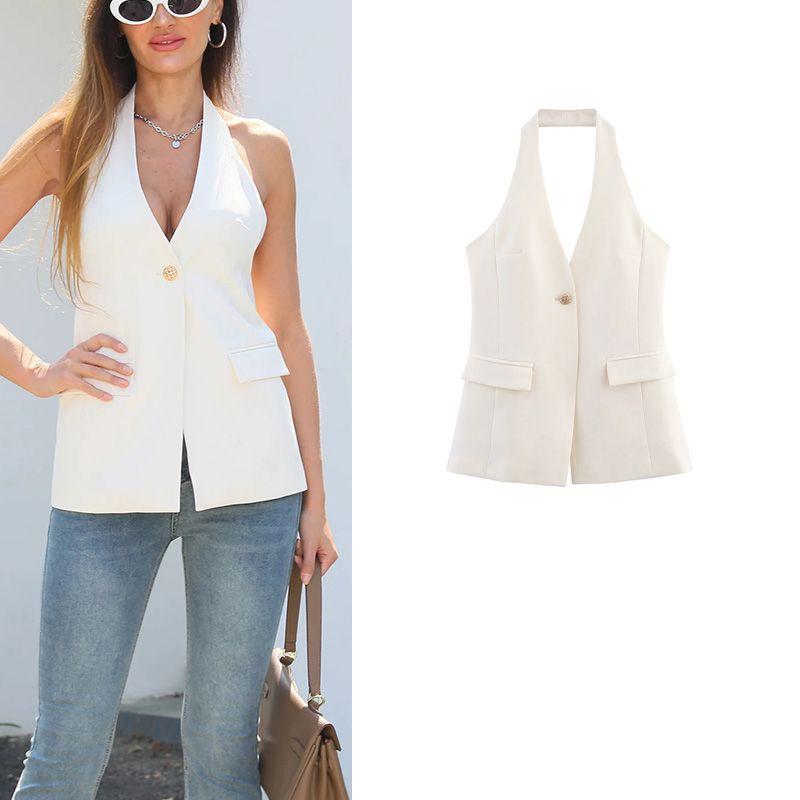 Summer Women's Clothing French Style Design Minimalist Easiest for Match One Button Halterneck V-neck Sleeveless Vest Vest Top
