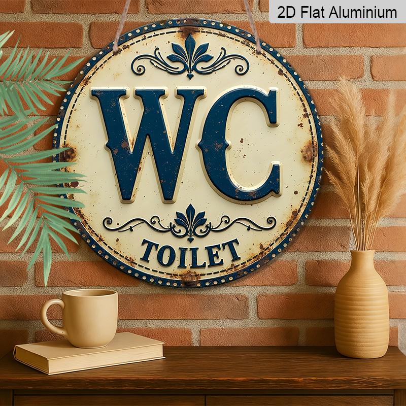 2D Flat, 1pc Vintage WC TOILET Round Metal Sign, Retro Blue And White Decorative Plaque With Rustic Pattern, Funny Bathroom Restroom Wall Art, Ideal
