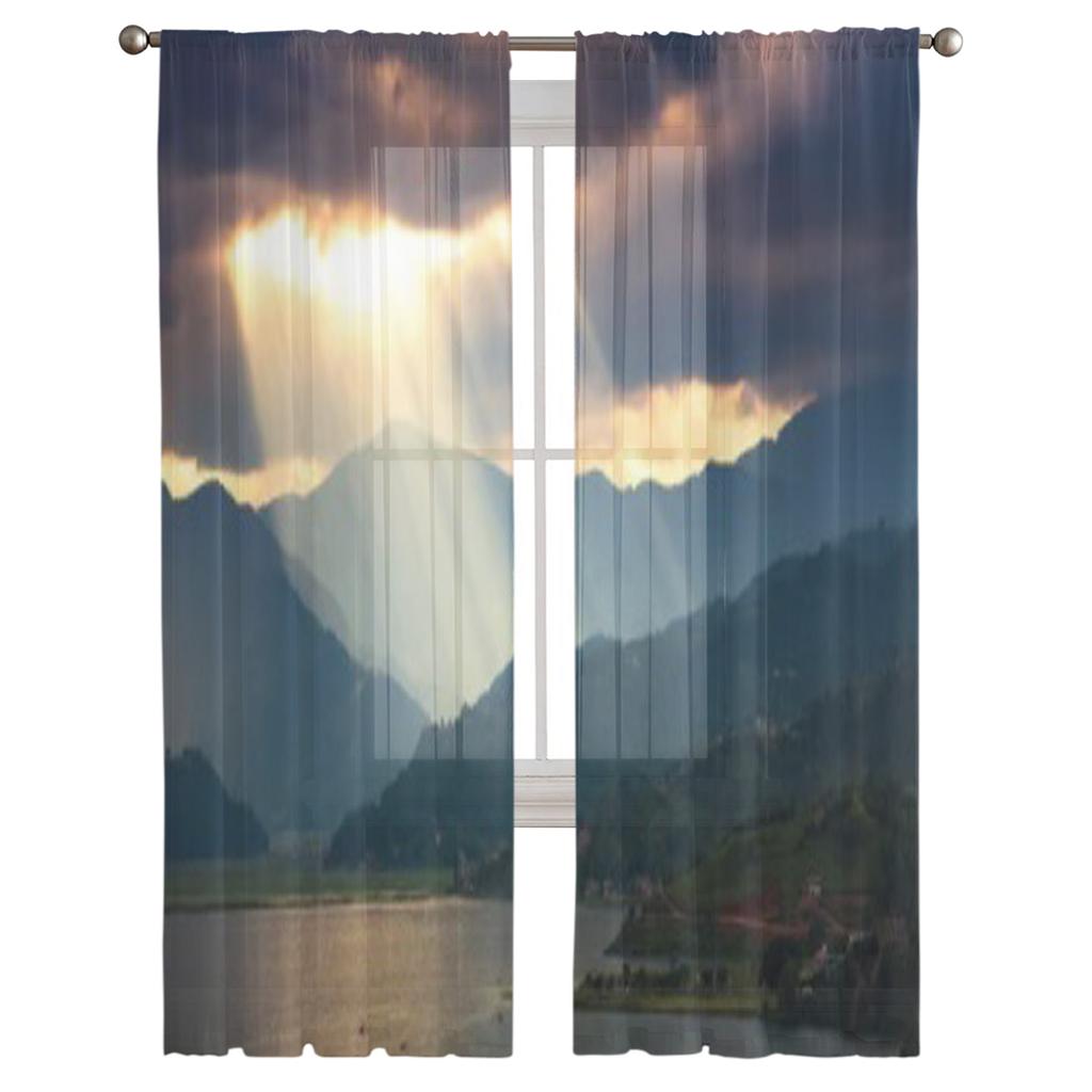 Sonnenlicht Wolken Hügel See Luxuriöser Chiffon Transparente Vorhänge für Wohnzimmer Schlafzimmer Dekoration Fenster Voiles Tüllvorhang