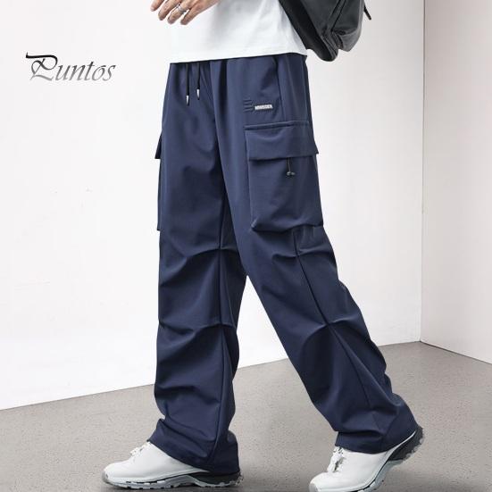 

Мужские брюки-карго, широкие брюки с тонкими карманами и эластичной резинкой на талии, прямые свободные однотонные брюки в стиле хип-хоп, длинные уличные брюки L чёрный