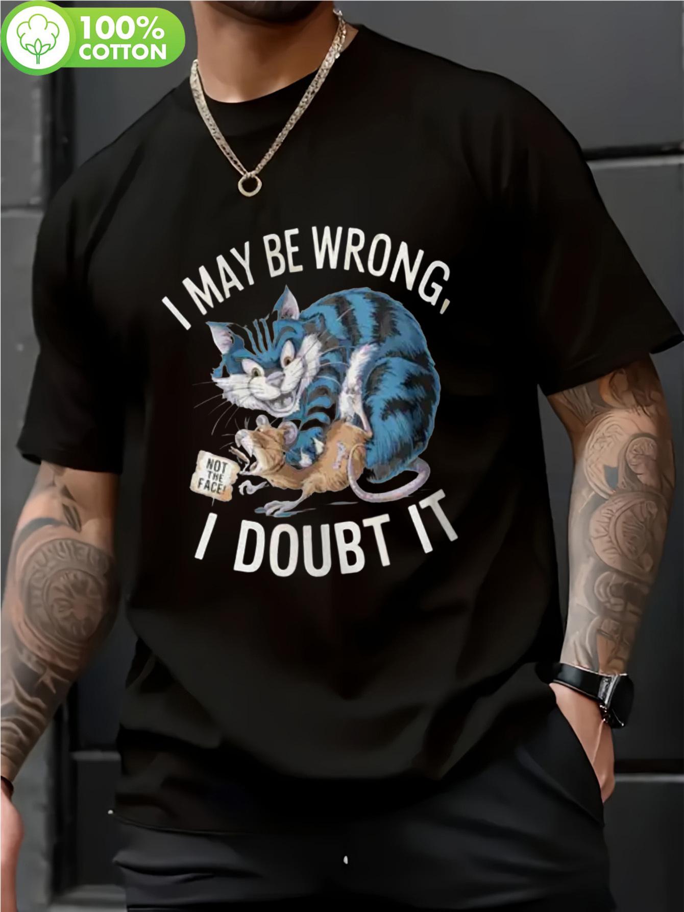 

I May Be Wrong But I Doubt It Cat Graphic T-shirt - 100% Cotton Black Casual Tee with Blue & White Cartoon Cats XXXL