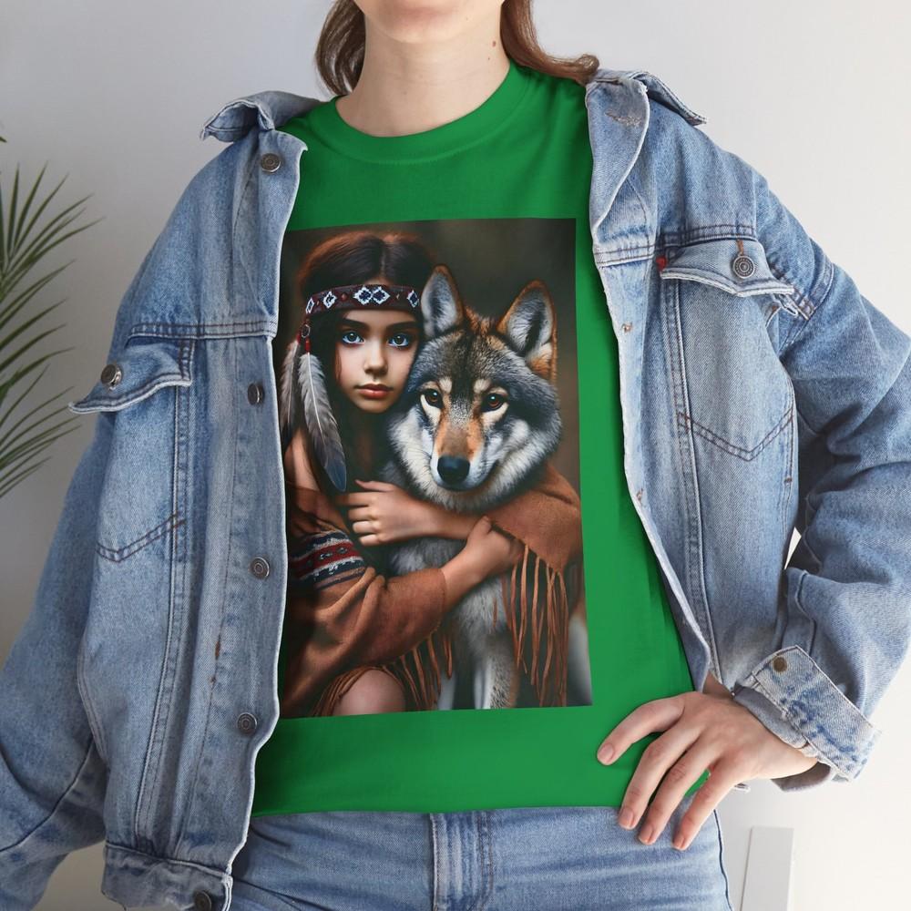 Native American Girl With Her Pet Gray Wolf T-Shirt Indian Dog Wolfdog