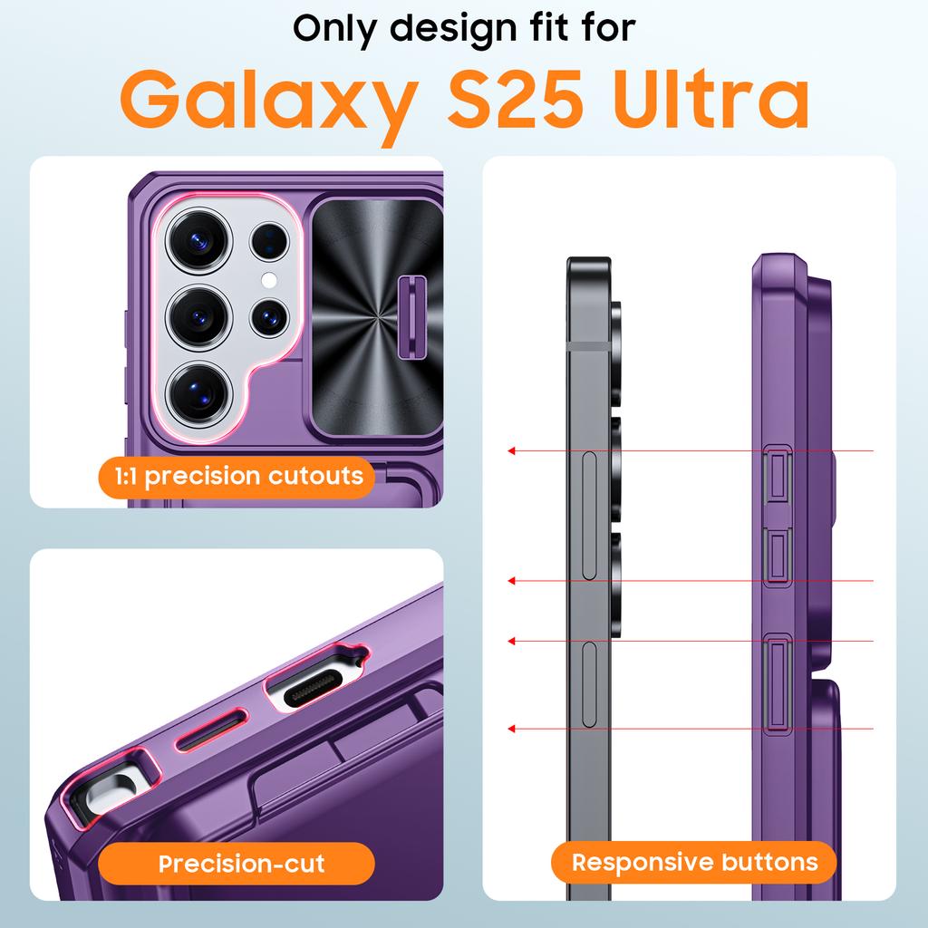 RFID Blocking Phone Case with Wallet Card Holder Raised Bezel and Sliding Lens Cover for Samsung Galaxy S25 Ultra-Purple