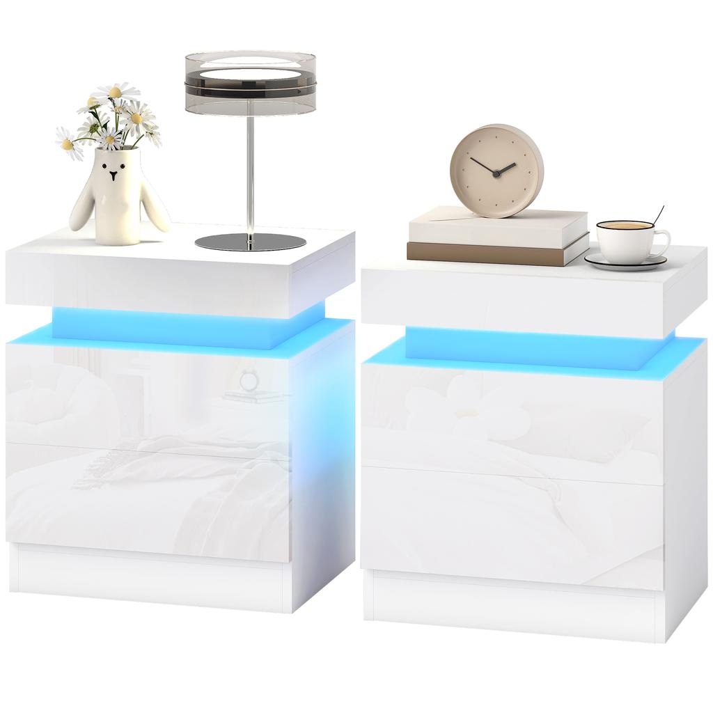 White Bedside Table with LED Light, High Gloss Front Nightstand with 2 Drawers, for Living Room, Bedroom, Set of 2