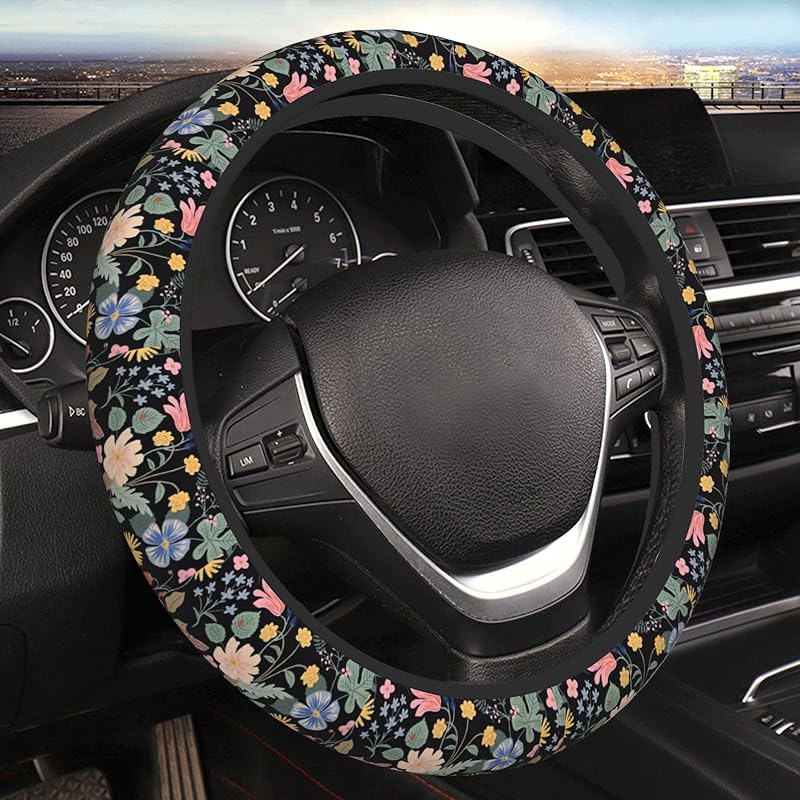 Chic Wildflowers Steering Wheel Cover For Men Women Universal Car Accessories 15 Inch Neoprene Auto Interior Decor