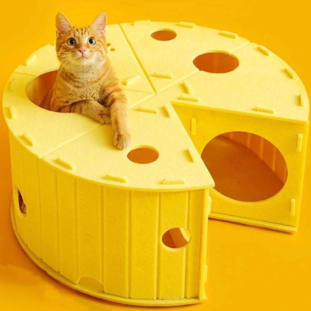 Wear-Resistant Felt Cat Bed Detachable Half-Closed Cat Scratching Board Comfortable Sleeping Multi-Hole Cheese Tunnel Bed