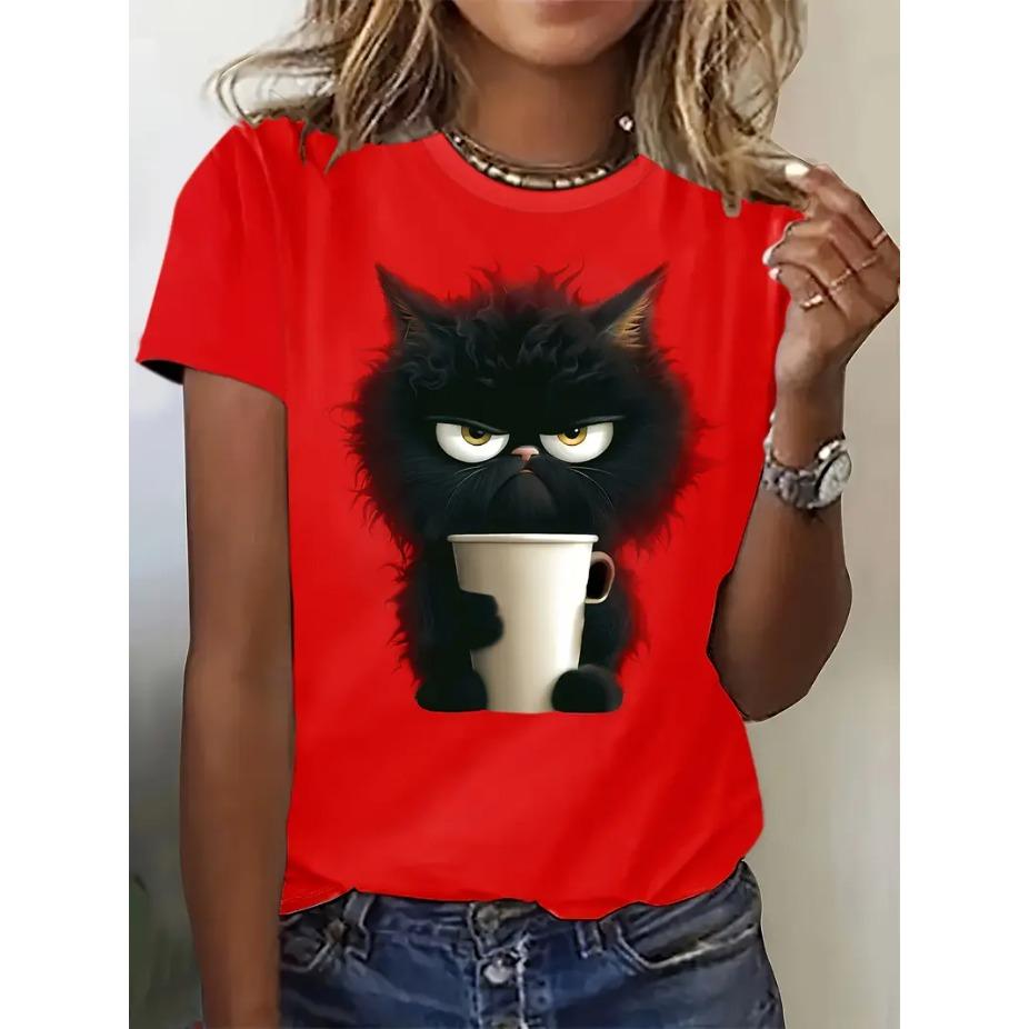 Cat Cartoon 3D Print Round Neck Short Sleeved T-shirt for Women Breathable Polyester Stretch Comfortable for Everyday
