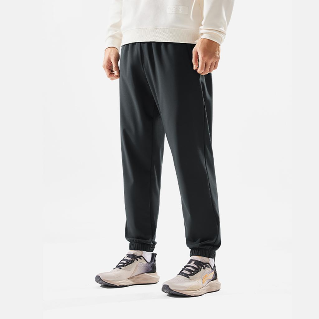 Li Ning Fitness Series Solid Color Mid Waist Comfortable Breathable Fleece Warm Cuffed Sports Long Pants Men Bottoms Black AYKU673-1