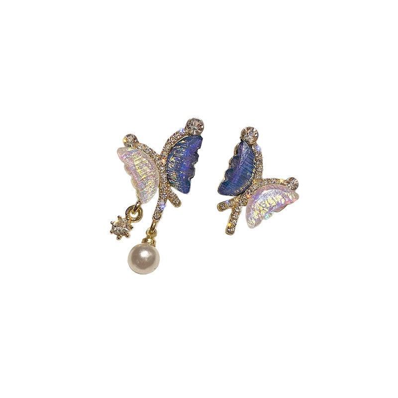 Korean Fashion Asymmetric Butterfly Earrings For Women Cute Sweet Rhinestone Pearl Pendant Earrings Lady Girl Party Jewelry Gift