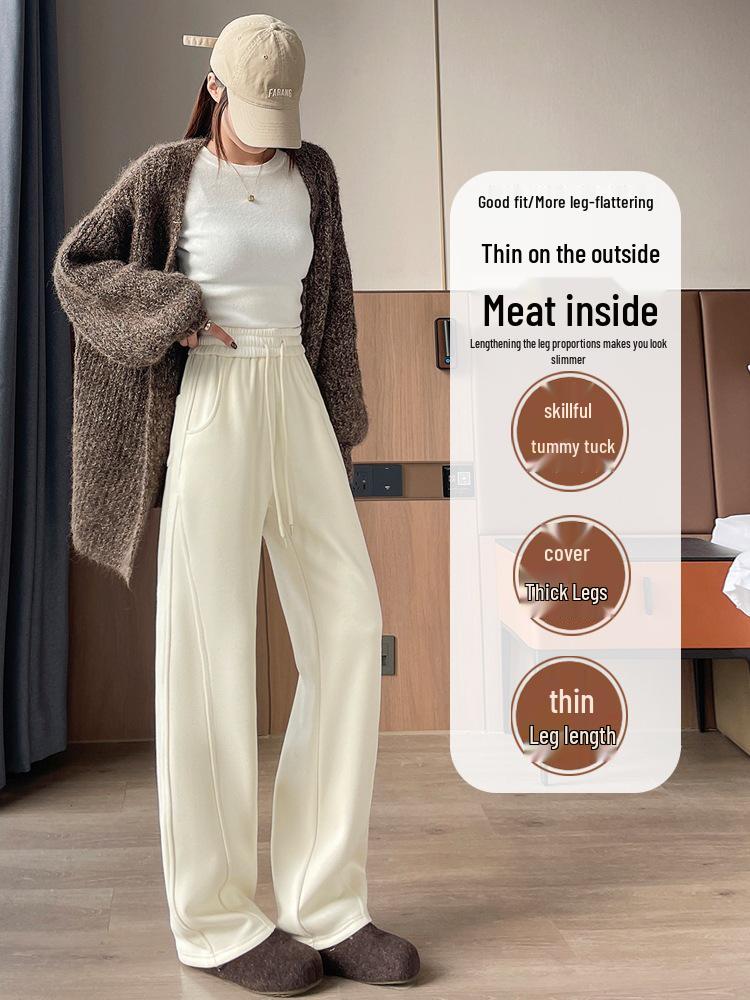 Women's Curved Blade Wide-Leg Pants: New 2026 Plus Velvet Wool for Autumn/Winter - Casual, Loose-Fit, Straight-Leg Design