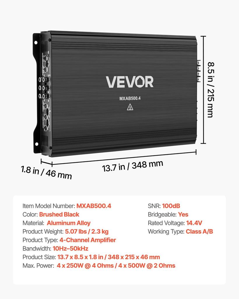 Car Audio Amplifier, 4-Channel Bridgeable Car Amplifier, Multichannel Class AB Stereo Amp, Max. 4 x 250W at 4 Ohms / 4 x 500W at 2 Ohms, High Output,