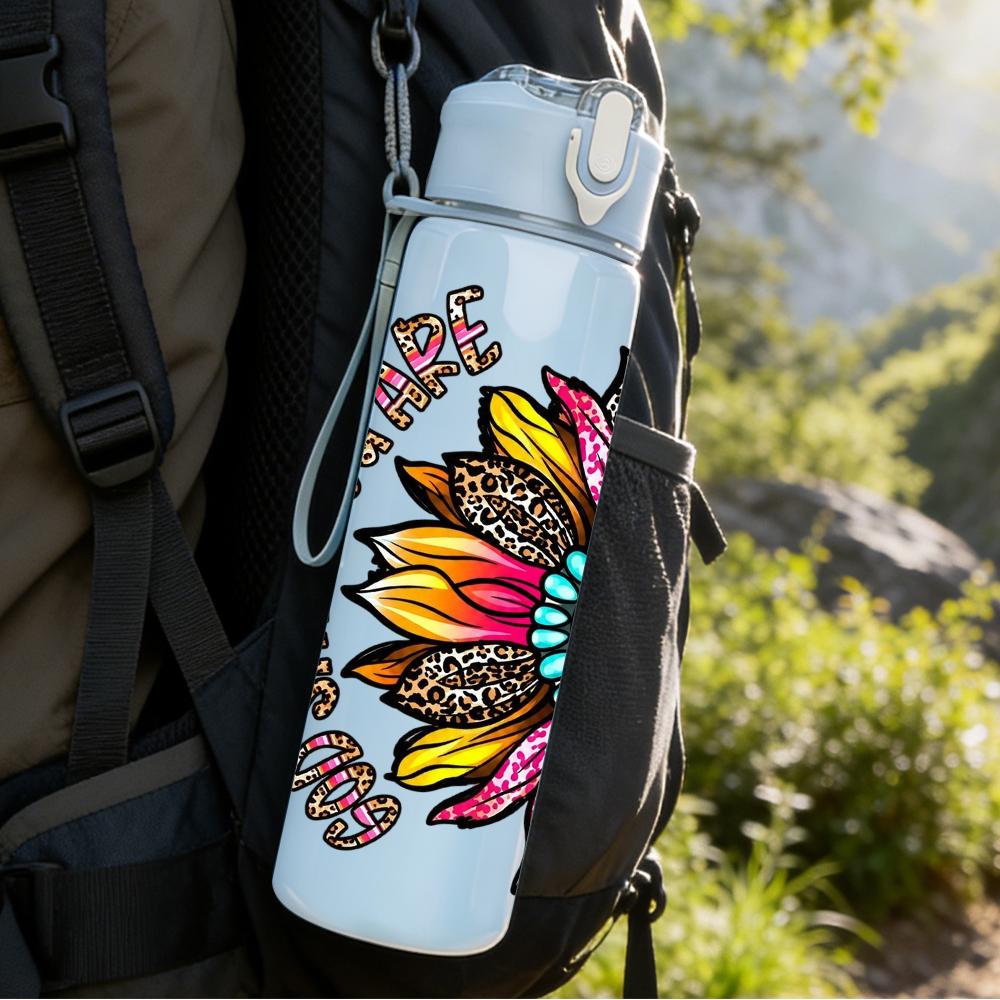 1PC Mandala Sunflower Text Art 750ml Color Plastic Sports Water Bottle Leakproof Flip Straw Lid Suitable for Sports Office Home Use