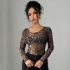 Style européen et américain automne nouveau vêtements pour femmes imprimé léopard maille perspective col rond manches longues haut T-shirt coupe ajustée
