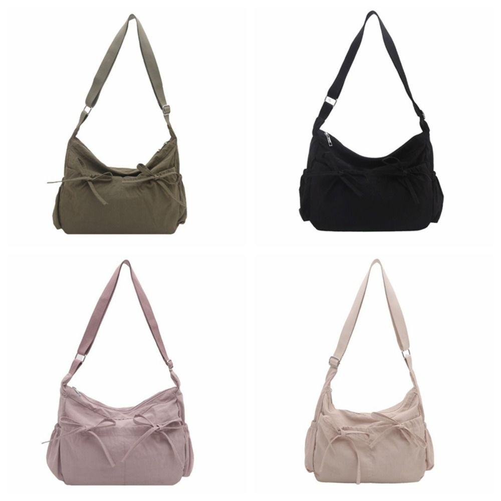 Pleated Nylon Shoulder Bag Multiple Pockets Hobo Bag Sweet Bow Crossbody Bag Women