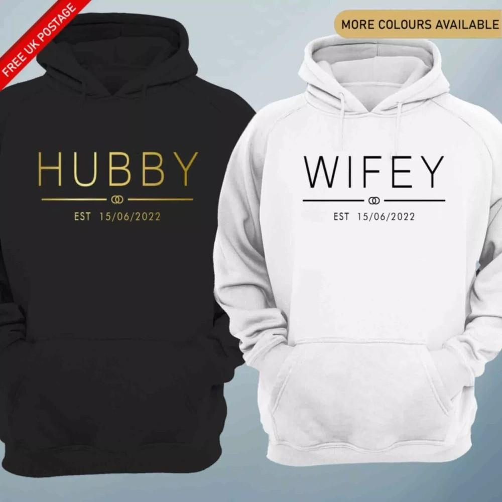 

Personalised Wifey Hubby Hoodie Matching Couples Wedding Gift Custom Date Top M