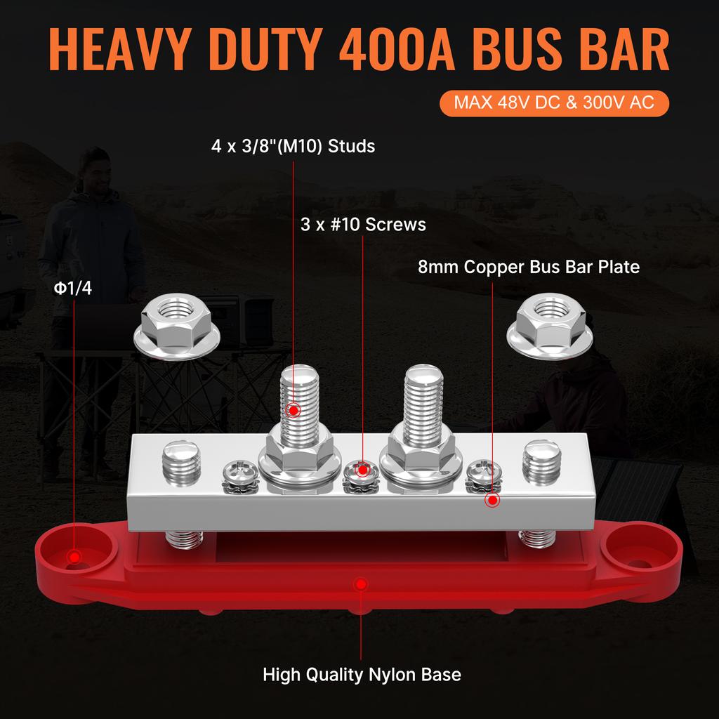 400A Bus Bar Power Distribution Block with 5/16" Stud Battery Copper Bus Bar 48V DC Automotive Marine Distribution Block