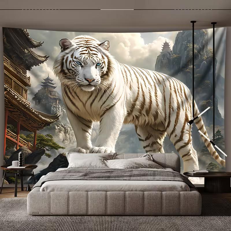 2D Majestätischer Tiger Hintergrund Orientalische Nebelberglandschaft Party Hintergrund