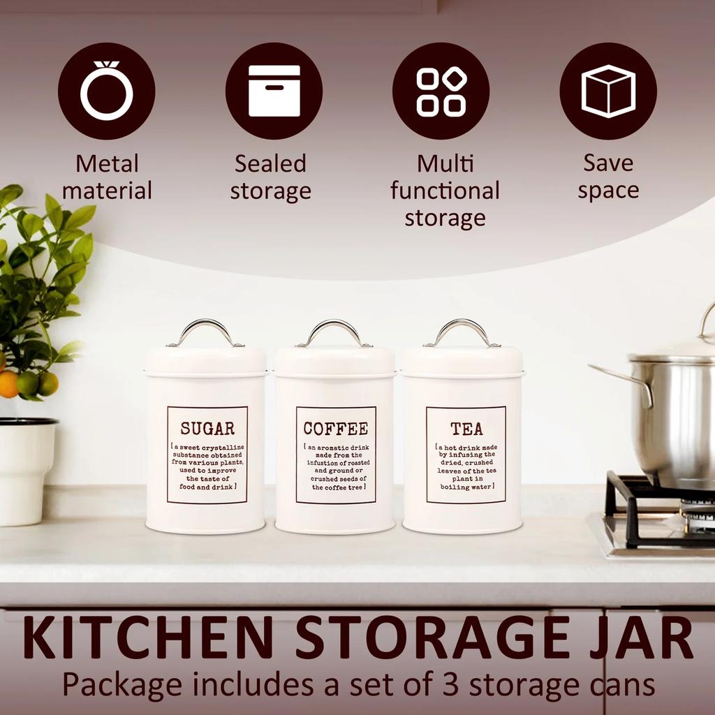 3Pcs Tea Coffee Sugar Canisters Set Space Saving Food Storage Jars Canisters Tea Organizer Airtight Coffee Container for Home