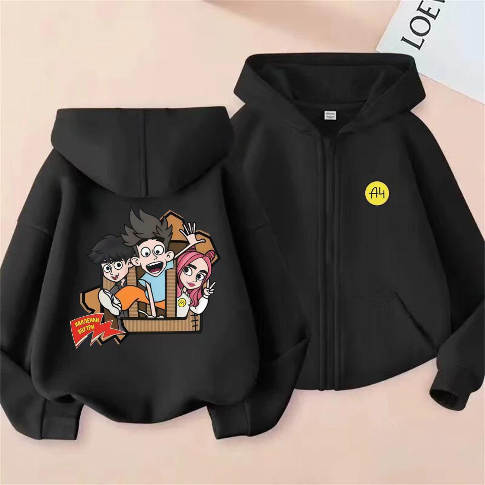 A4 Cartoon Trio Hooded Cardigan for Kids, Double-Sided Print Loose Casual Sweatshirt, Spring/Autumn.