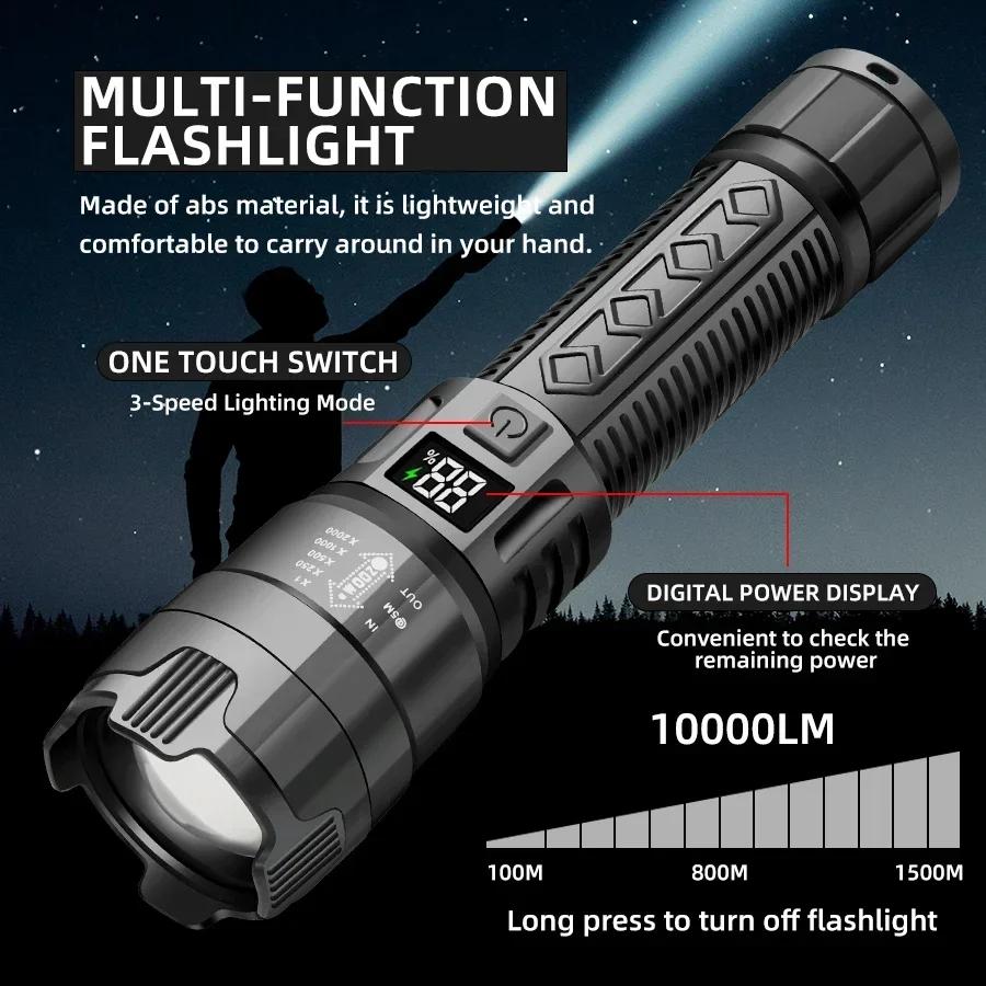 KDULIT High Power Strong Light Flashlight Telescopic Zoom LED Rechargable Tactical Torch Power Display for Camping Emergency