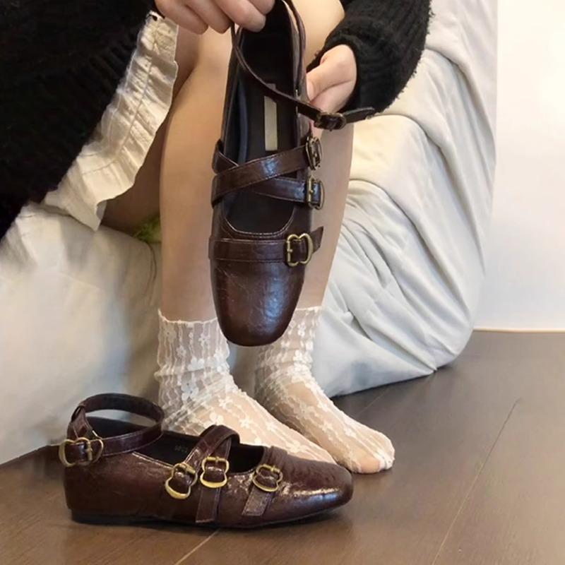New Retro Inner Height Increase Shallow Mouth Single Shoes Women's Cross Buckle Square Head Versatile Mary Jane Shoes Single Shoes