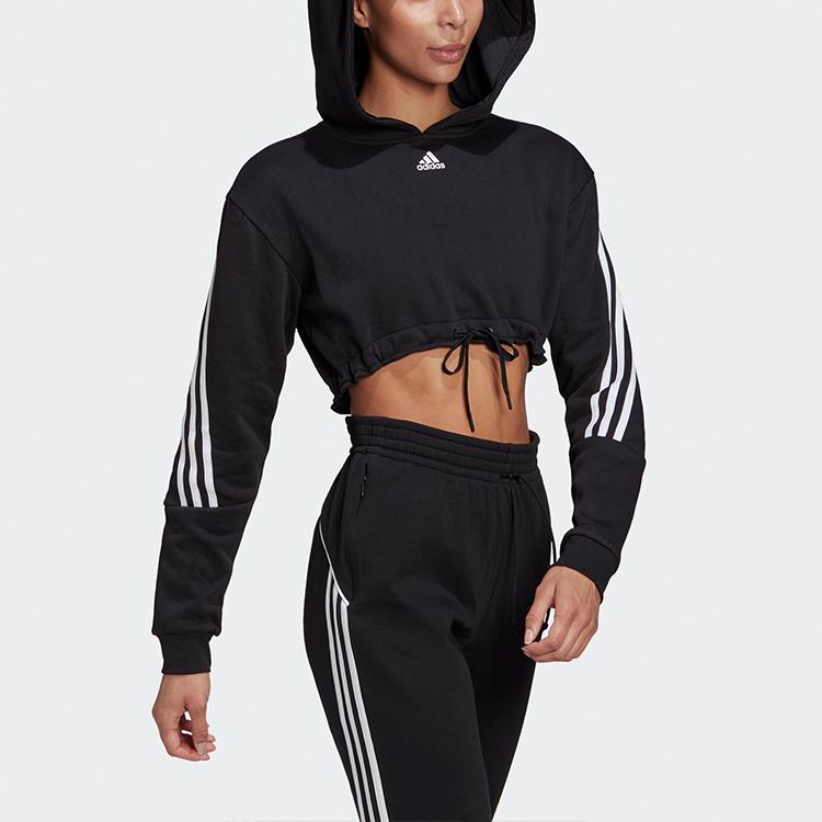 adidas Crop Hoodie Casual Sport Striped Training Pullover Sweatshirt Women Tops Black H47479