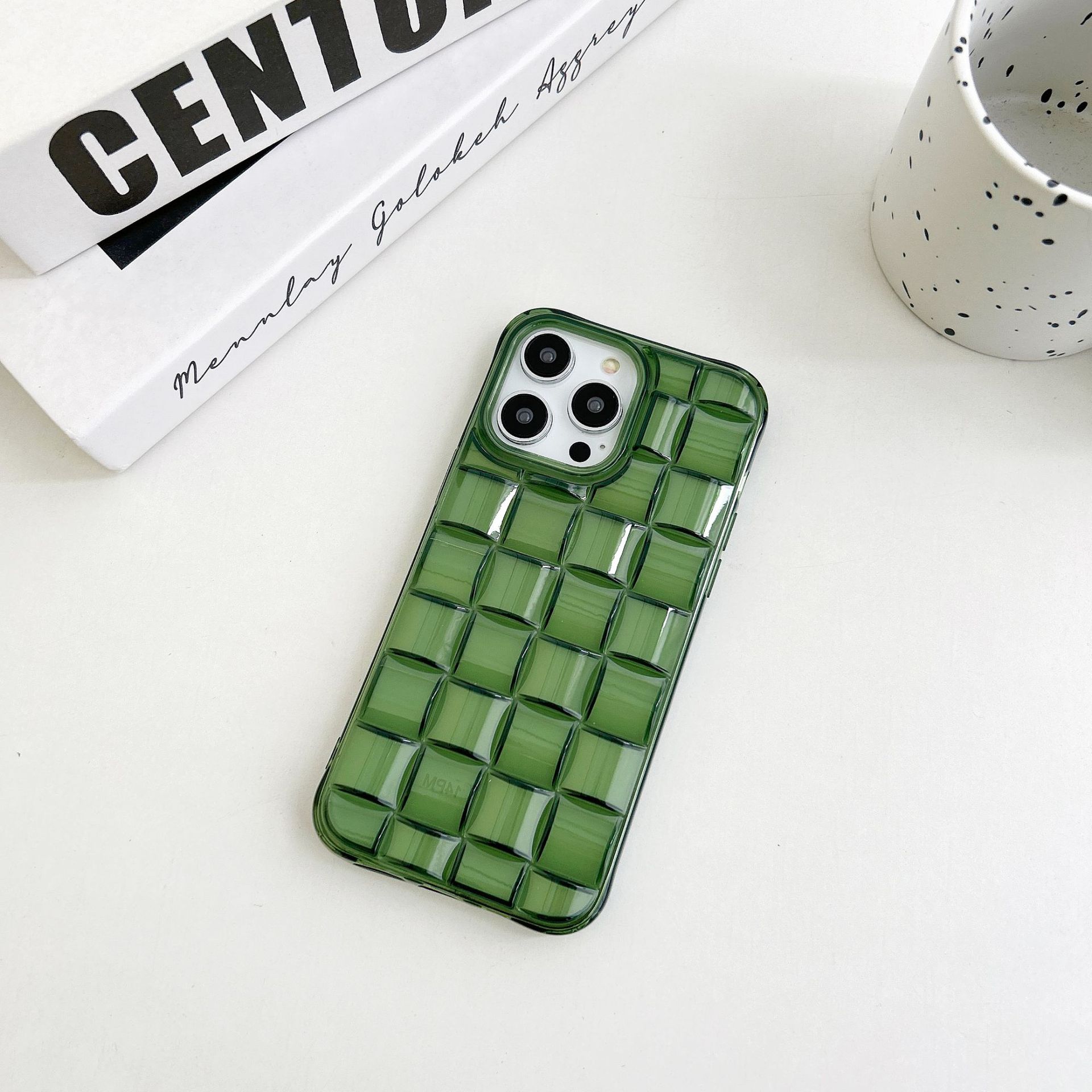 

3D Stereoscopic Green Woven Plaid Convexity Soft Transparent Cube Pattern Cover Phone Case for IPhone 11 12 13 14 15 16 Pro Max iPhone 15 Pro
