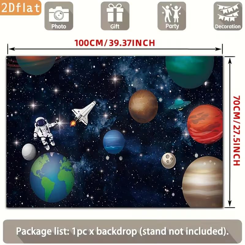 2D Flat Outer Space Banner Kids Space Adventure with Astronaut, Rocket & Solar System Backdrop