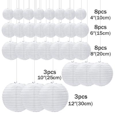 30pcs/lot 4''-12'' White Chinese Paper Lanterns Ball Hanging Round Lantern for Wedding Birthday Party Event Christmas Decoration