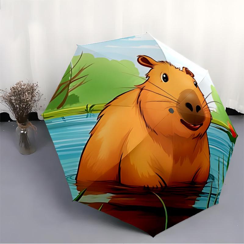 1pc Capybara, Nature Automatic Umbrella - Stylish, Durable, with 8-Rib Manual Open Design, Elegant Black Handleyy250920208