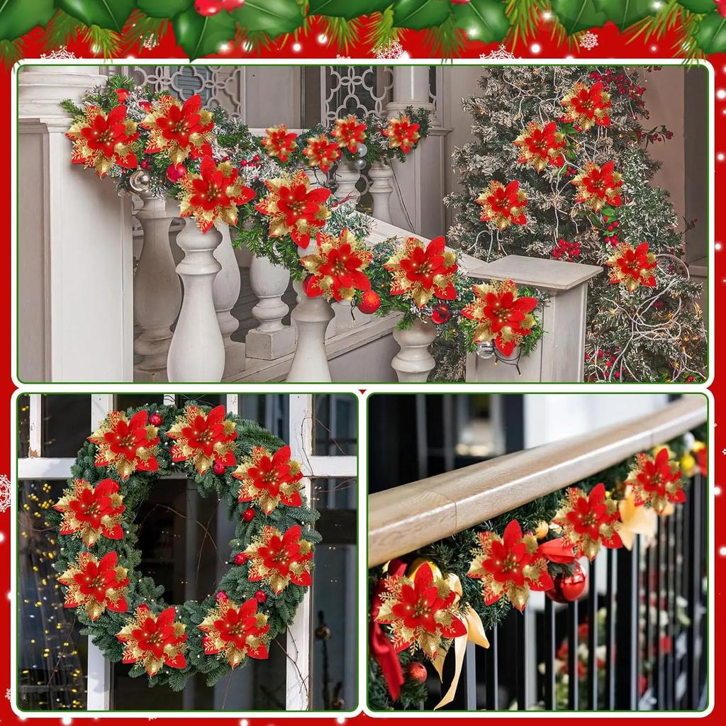 Glitter Christmas Poinsettia Flower Decoration Double Layer Gold Glitter Sparkle Holly Artificial Flower for Xmas Tree Ornaments