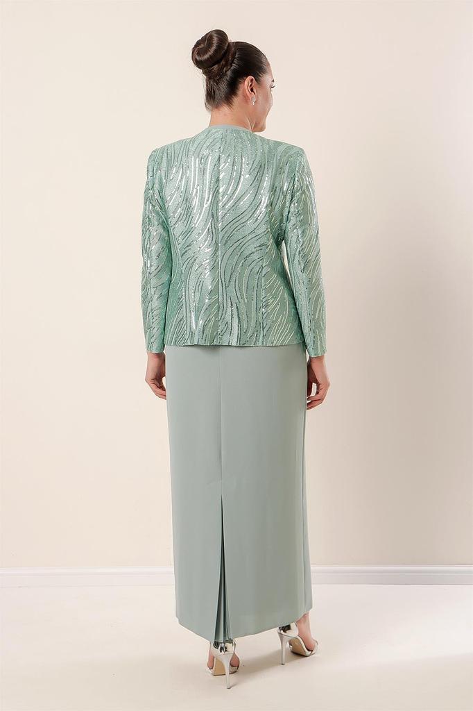 Pulpayet Ceket Yarım Ay Kollu Astarlı Krep Elbise Büyük Beden 2'li Takım