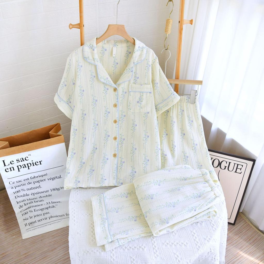 Pajamas Summer Pure Cotton Gauze Short-sleeved Trousers Women's Three-piece Loose Women's Floral Cotton Loungewear
