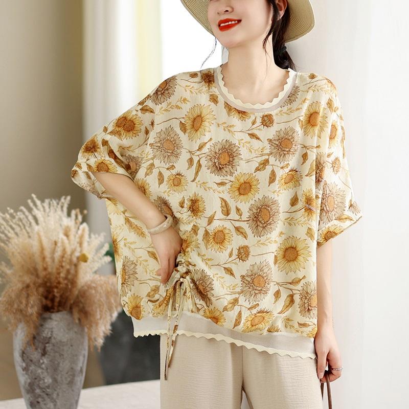 Short sleeve Oversized vintage floral Casual loose t shirt tops Women summer t-shirt