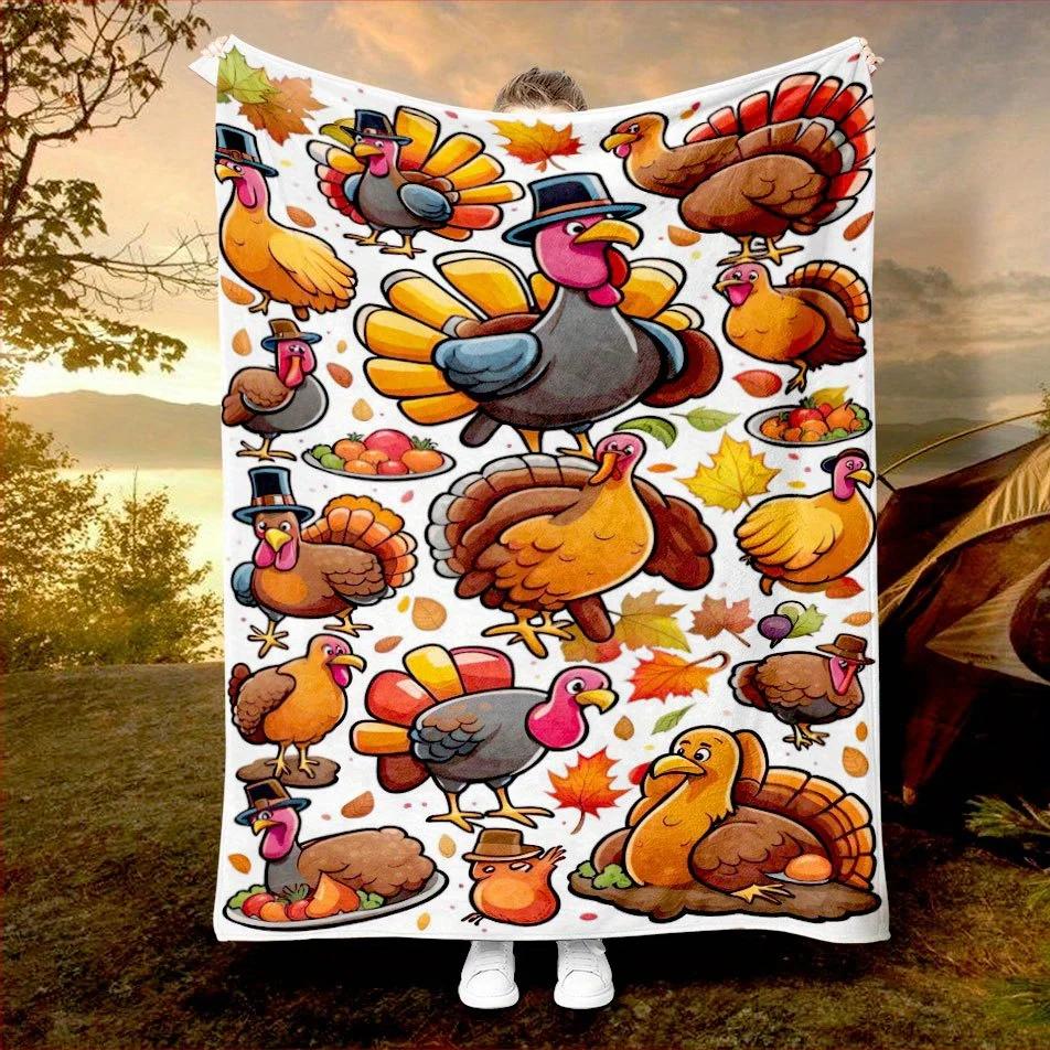 Turkey Thanksgiving Blanket Autumn Theme Cartoon Design Soft Fleece Throw Home Decor Gift Idea Festive Seasonal Cozy Warmth