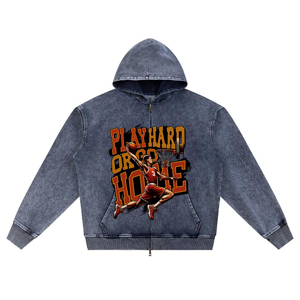 DTG print Knitted Denim Zip-Up Hoodie Play Hard or Go Home Brother Print Zipper Hoodies XL