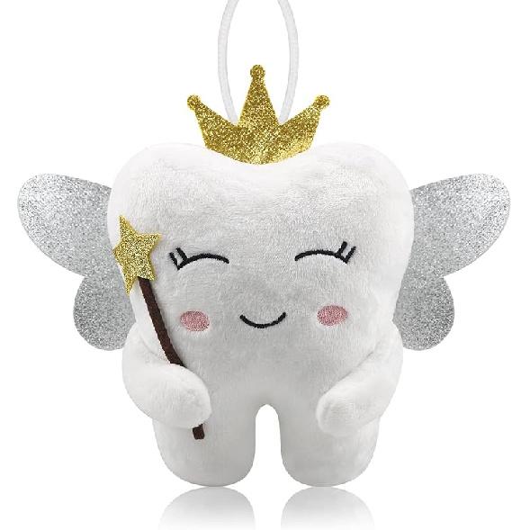 Подушка для Зубной Феи с Блестящими Крыльями Вышитая Кукла Зубной Феи с Карманом Хрустальный Бархат Сувенир Зубной Феи Подарок Мальчику Девочке (белый) (белый)