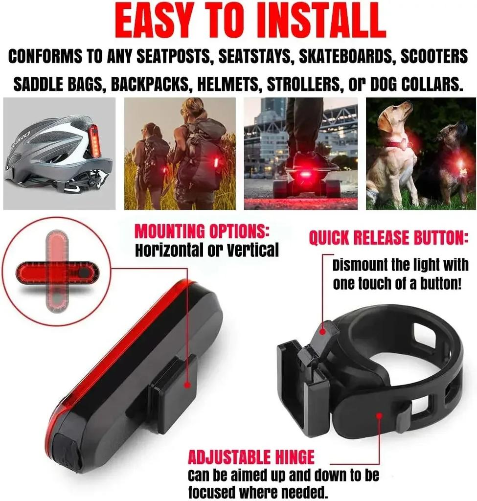Luz traseira de bicicleta recarregável por USB, luzes traseiras LED vermelhas brilhantes, adequadas para qualquer bicicleta/capacete, fáceis de instalar para segurança no ciclismo
