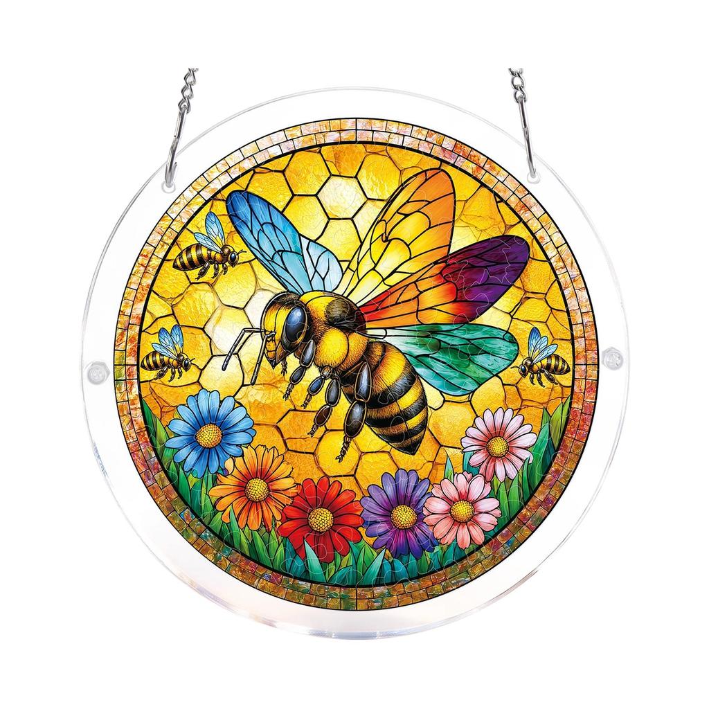 Acrylic Suncatcher Window Hanging Ornament Floral Design Round Shape Decorative Art Panel with Chain for Indoor Use
