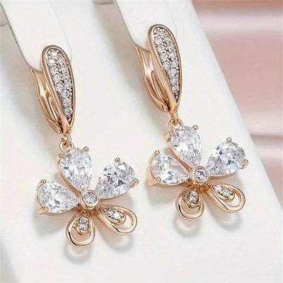 Squisito orecchini pendenti a forma di fiore in zircone bianco per donna color oro semplice regalo per feste
