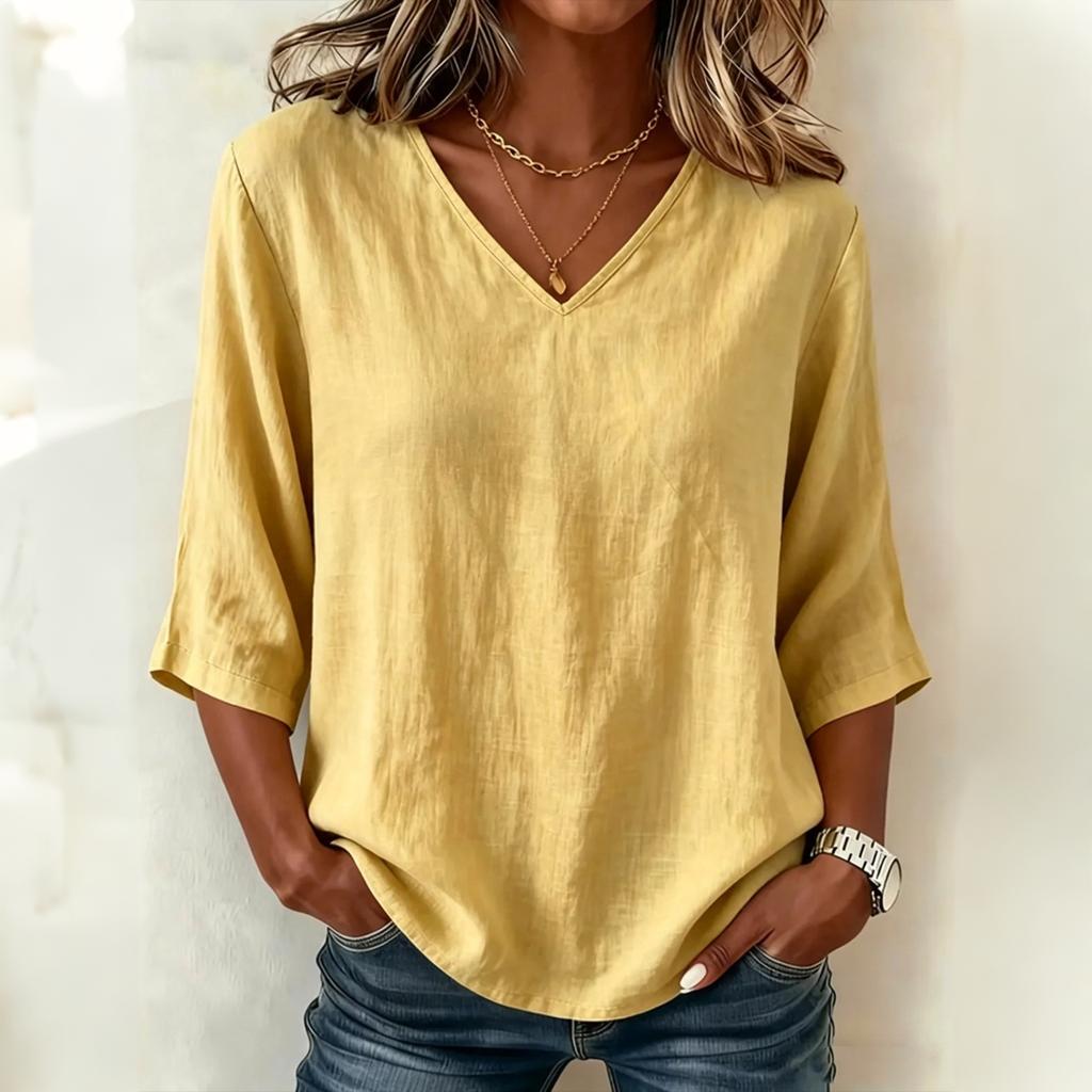 Women Loose Fit V Neck Top Mid Sleeve Relaxed Style Lightweight Jersey Cotton Casual Shirt for Everyday Wear
