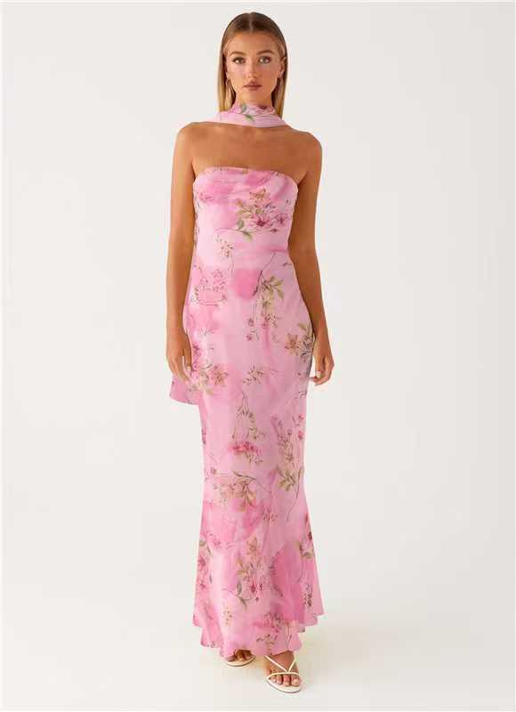 Maxi Abito in Chiffon Floreale Francese con Zip per Vacanze Estive al Mare
