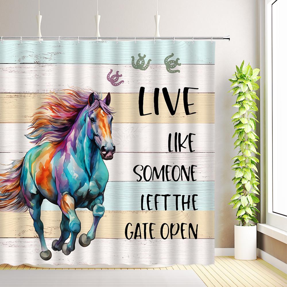 Western Horse Barn Door Shower Curtain Farm Animals Green Leaves Butterfly Bathroom Decor Fabric Bath Curtains with Hooks