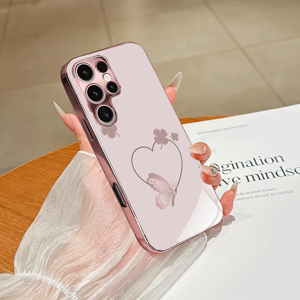 Simple heart-shaped pattern pink electroplated Glass Phone Casesuitable for Samsung S26 S25 S24 S23 S22 S21 S20and other models