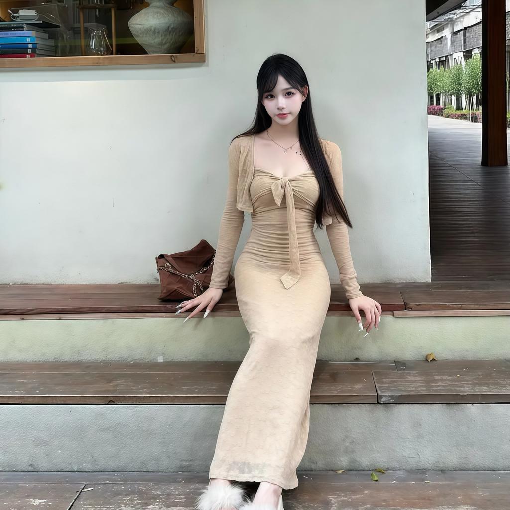Pure Desire Style Sexy Lace Splicing Long-sleeved Dress Women's Autumn New Slim and Thin Dress